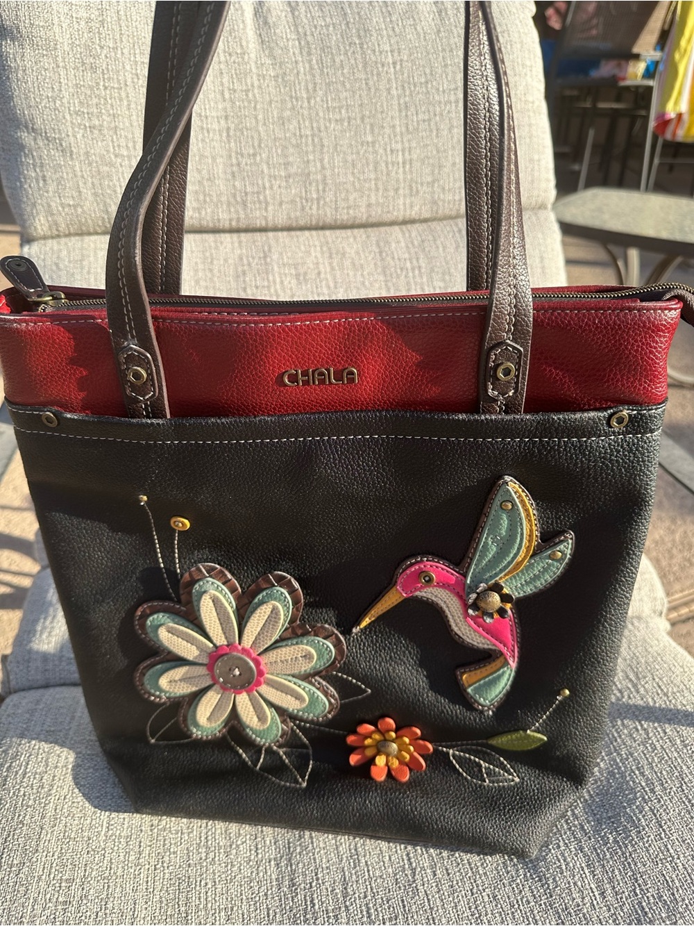 Chala Black Tote with Red Trim and Colorful Hummingbird Appliqué